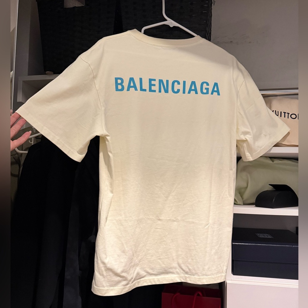 Balenciaga Oversized Cream Tee with Blue Logo